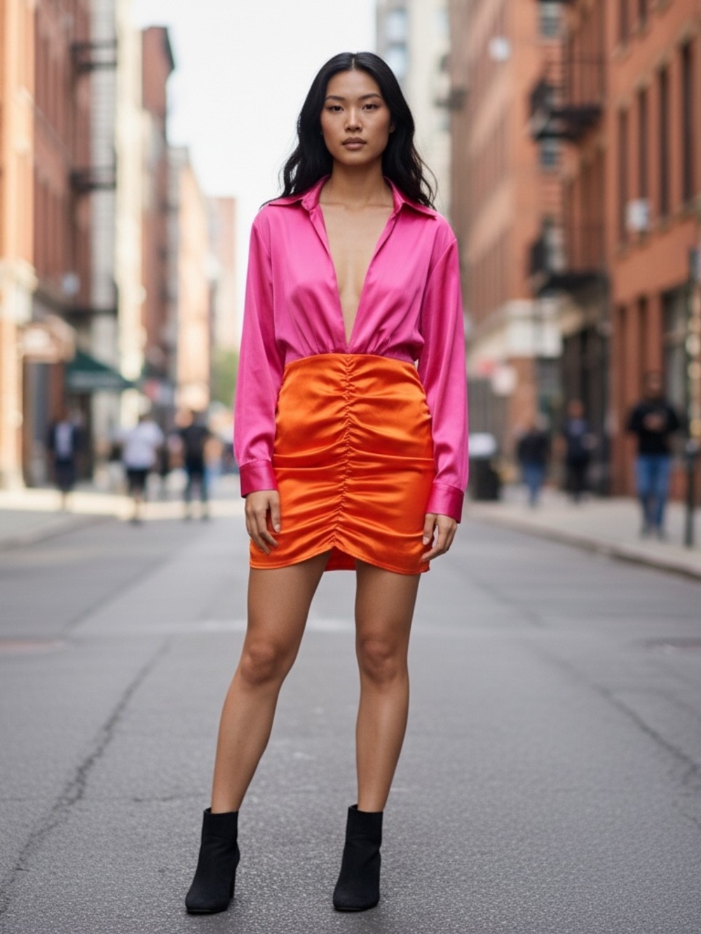 SHEIN two-tone, fuchsia and orange satin mini dress, size M